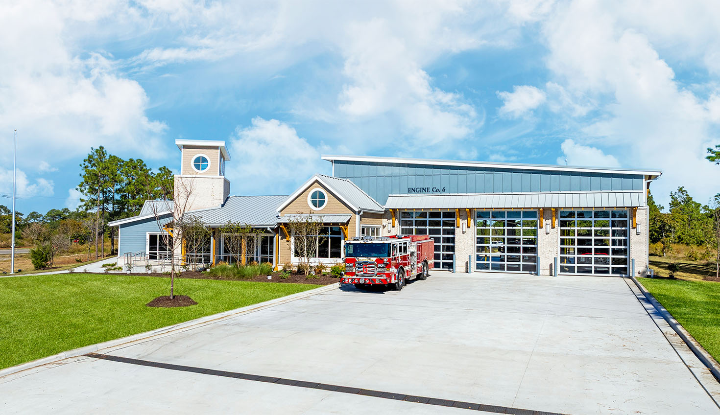 a fire truck parked in front of a building