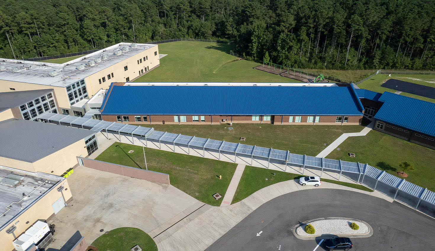 an aerial view of a school building