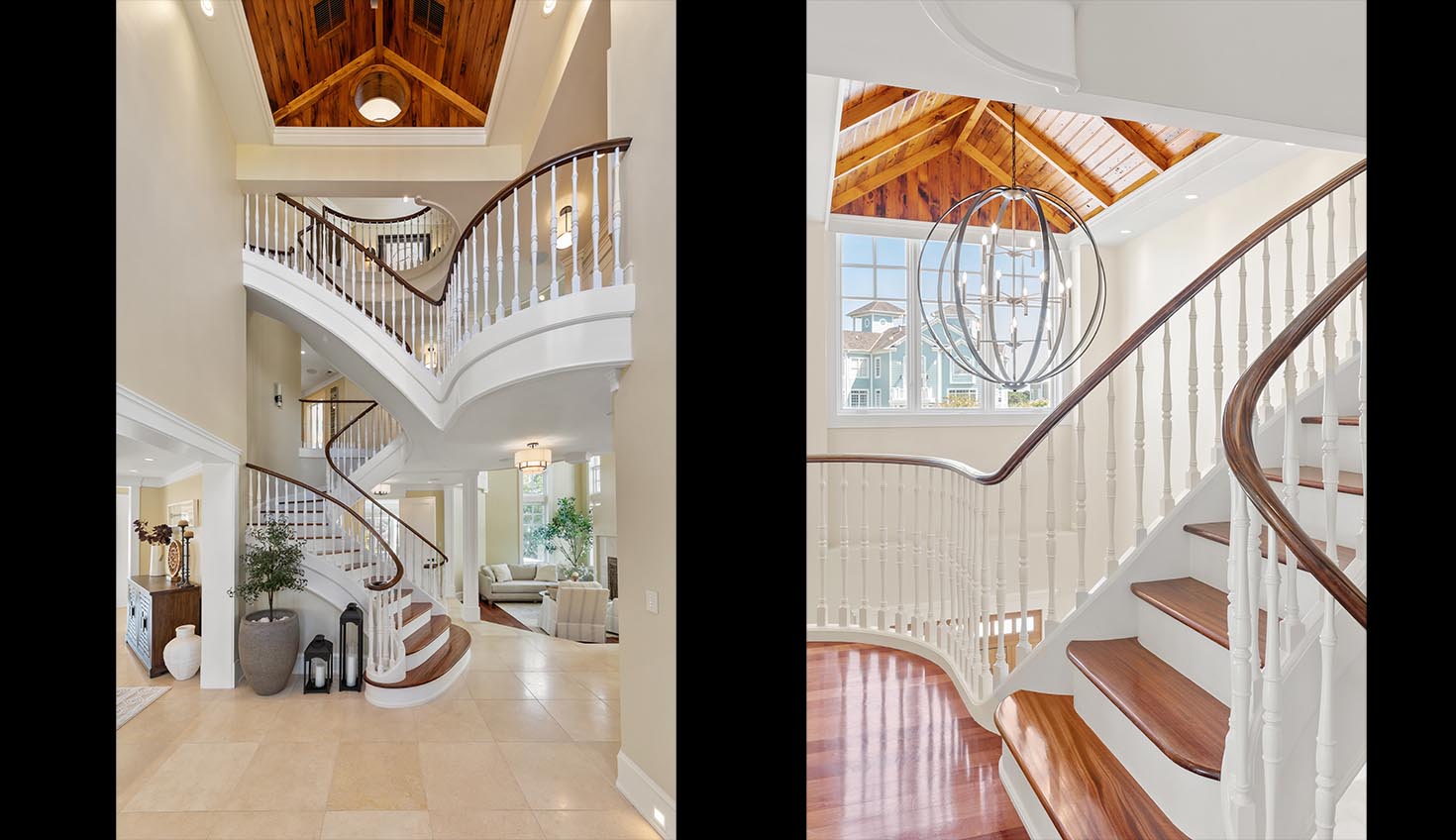 two pictures of a house with stairs and a foyer