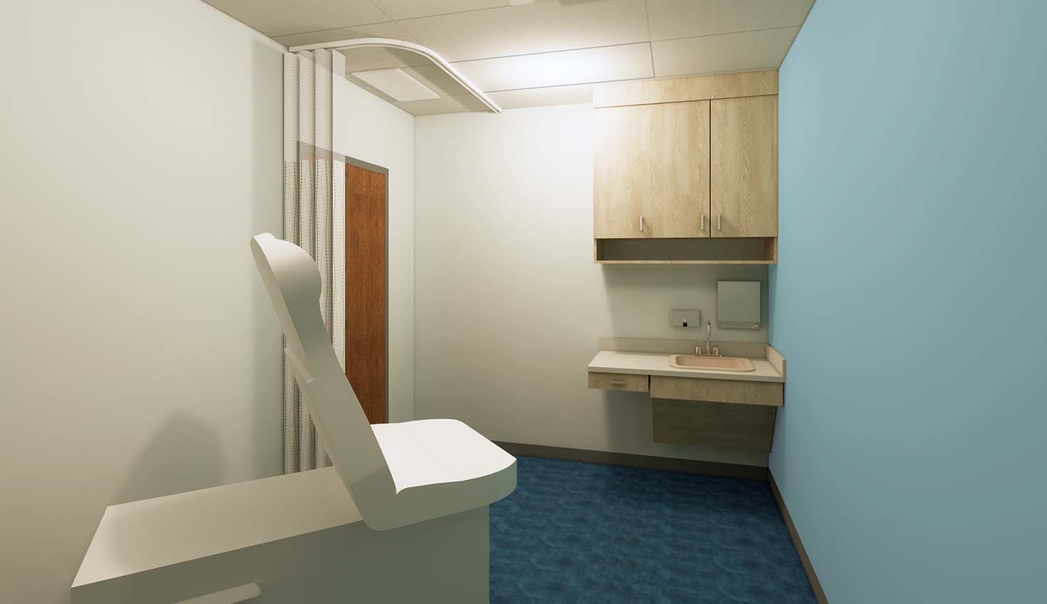 an empty room with a blue carpet and white walls