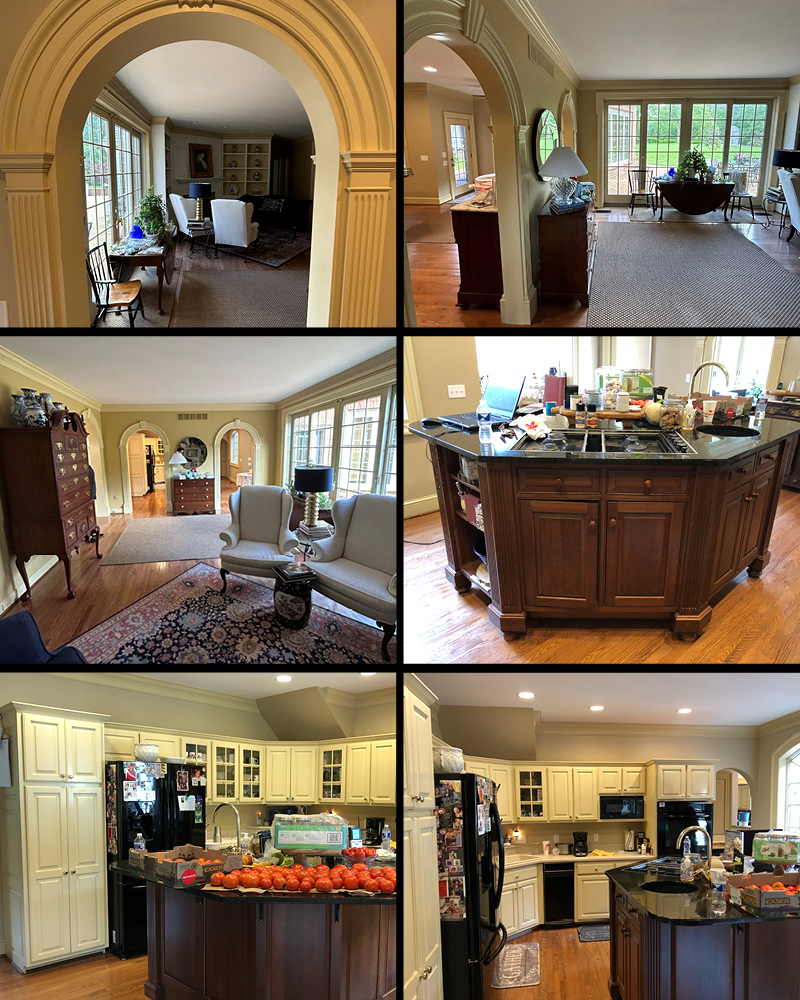a series of photographs of a kitchen and living room