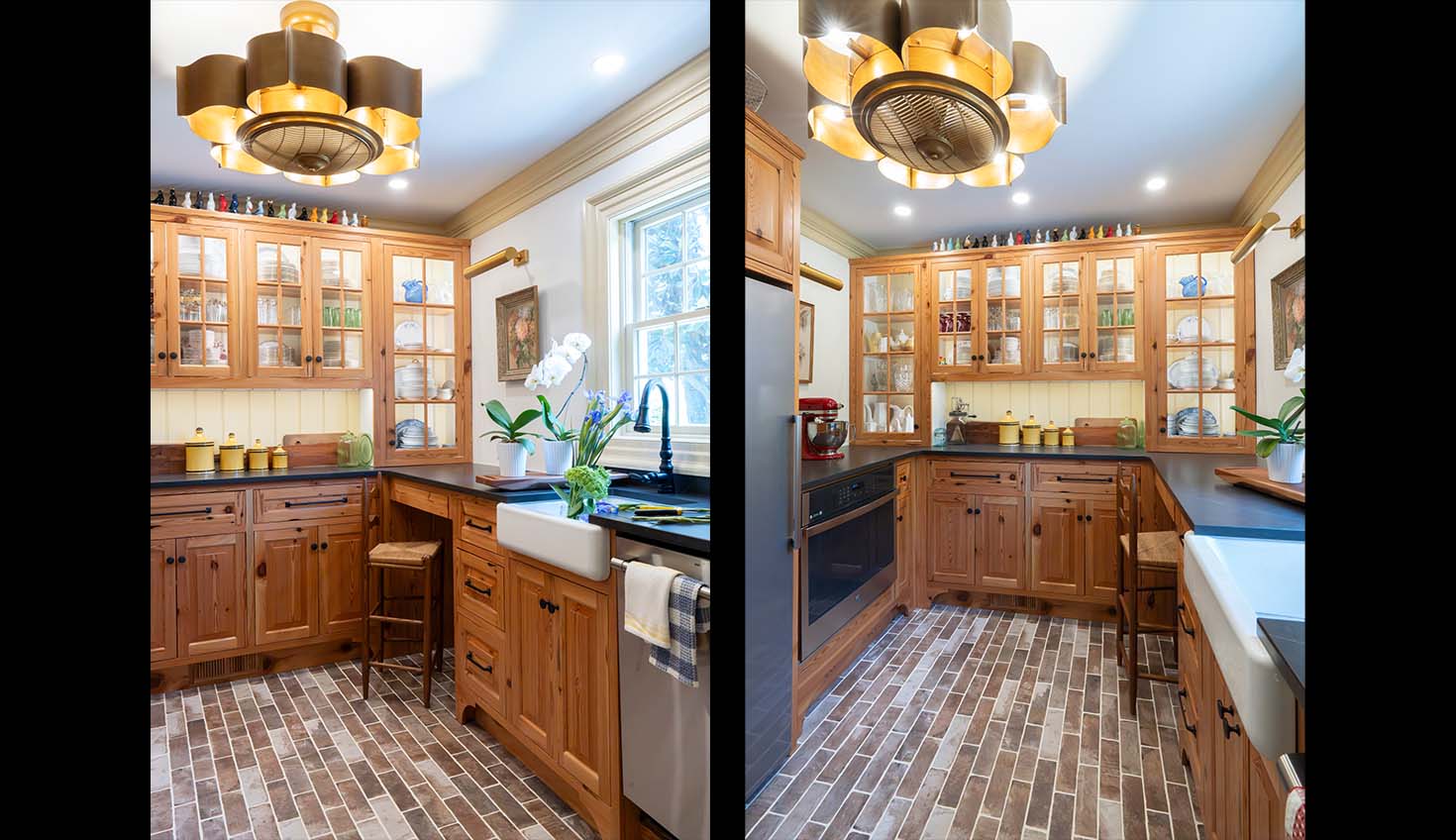 two pictures of a kitchen with wooden cabinets