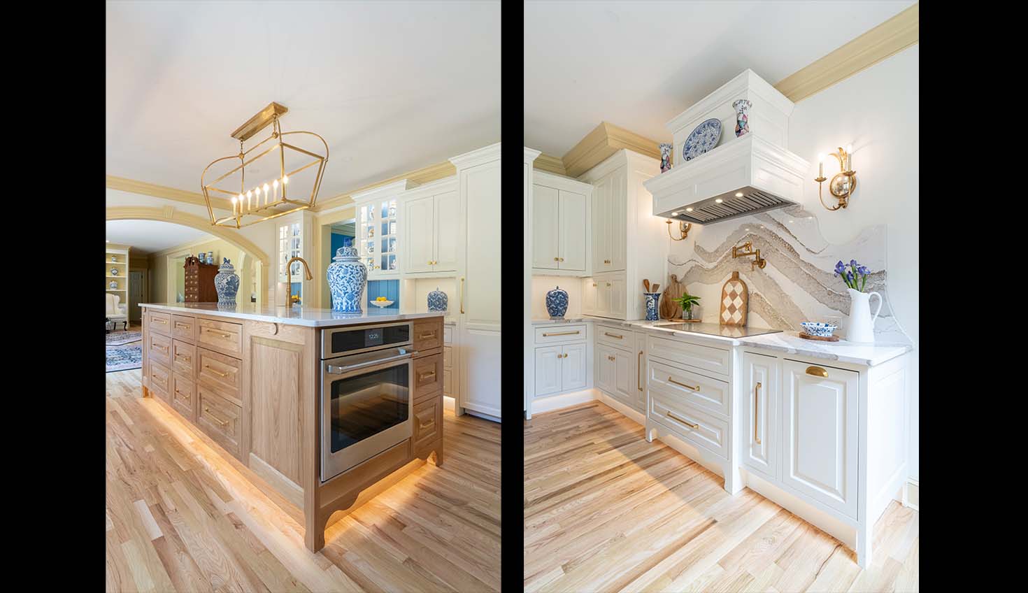 a large kitchen with white cabinets and wood floors