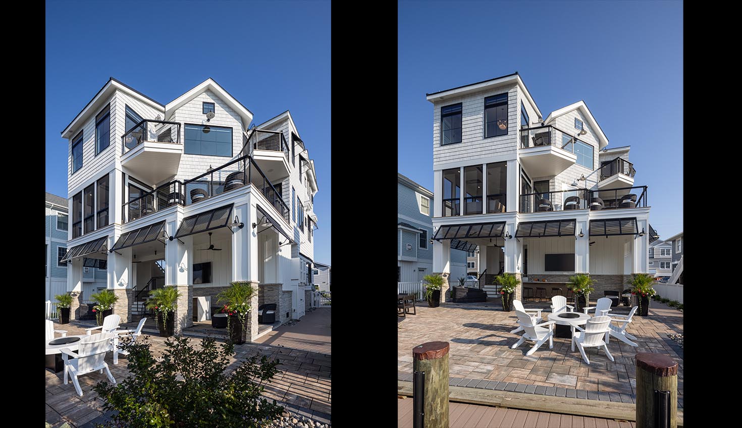 three different shots of a house with white furniture