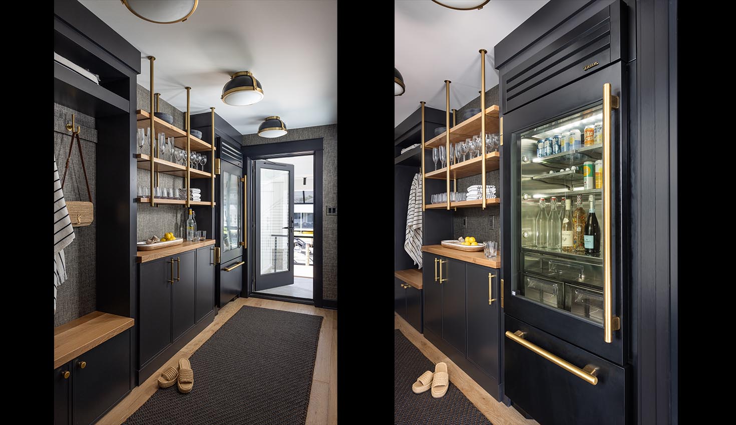 a long hallway with black cabinets and shelves