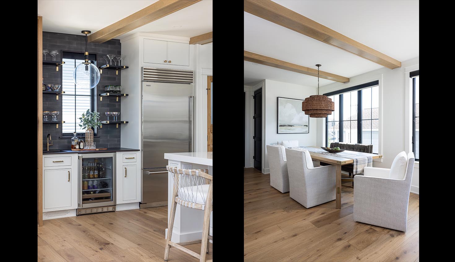 a kitchen with white cabinets and wooden floors