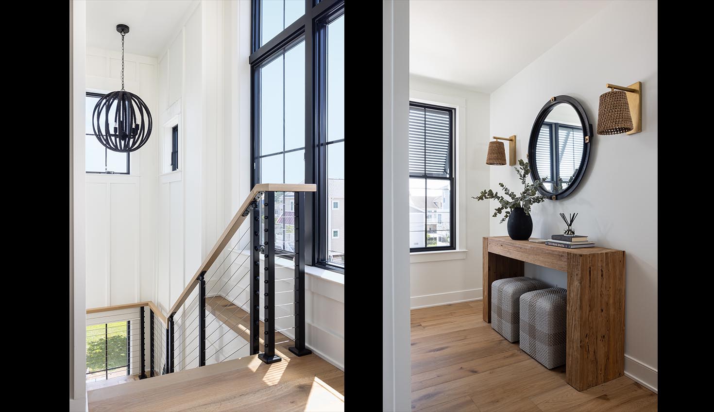 a hallway with a wooden floor and a mirror on the wall