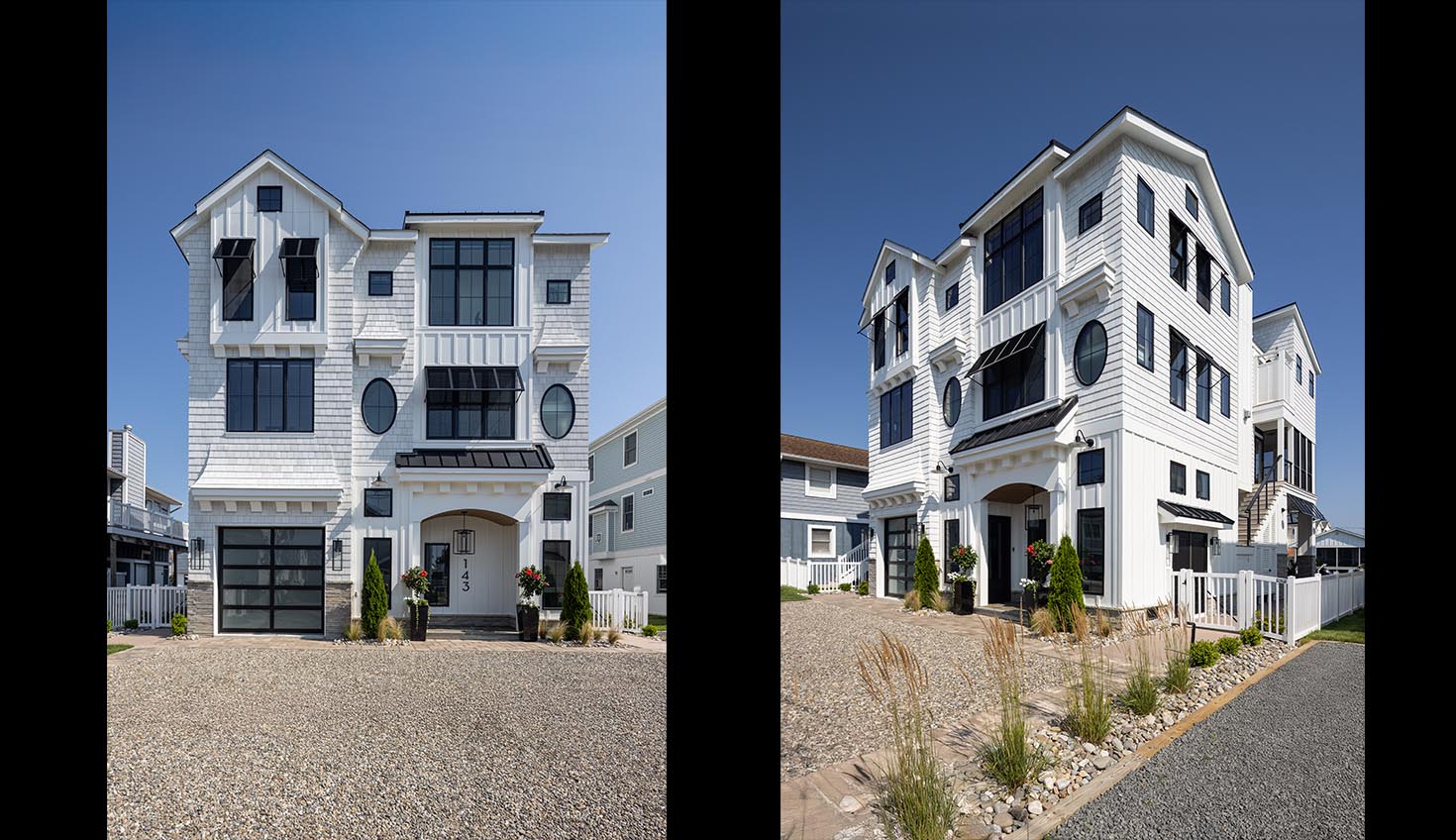 three different shots of a large white house