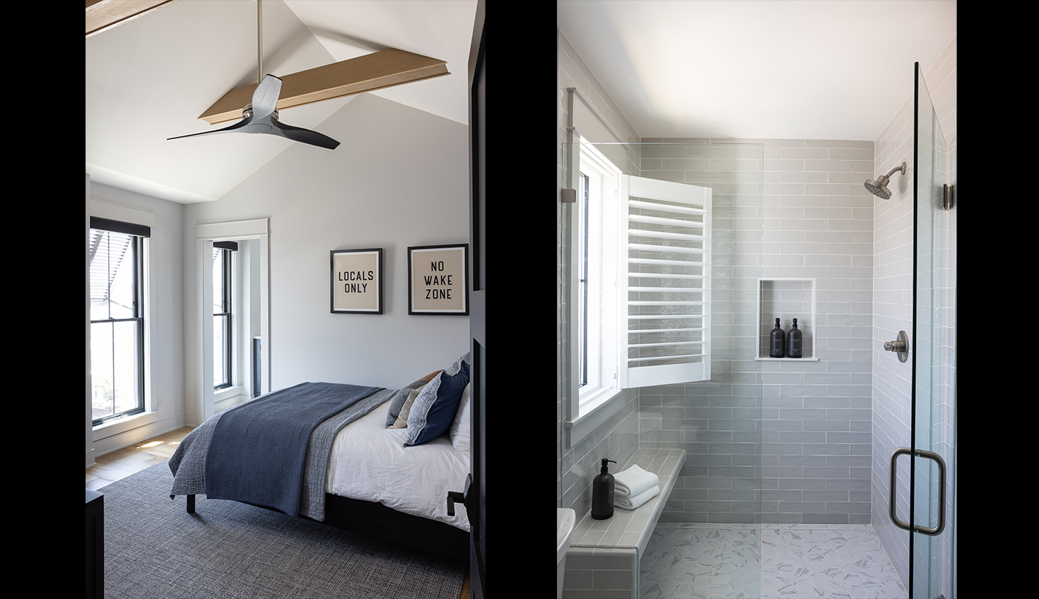 two pictures of a bedroom with a bed and a shower