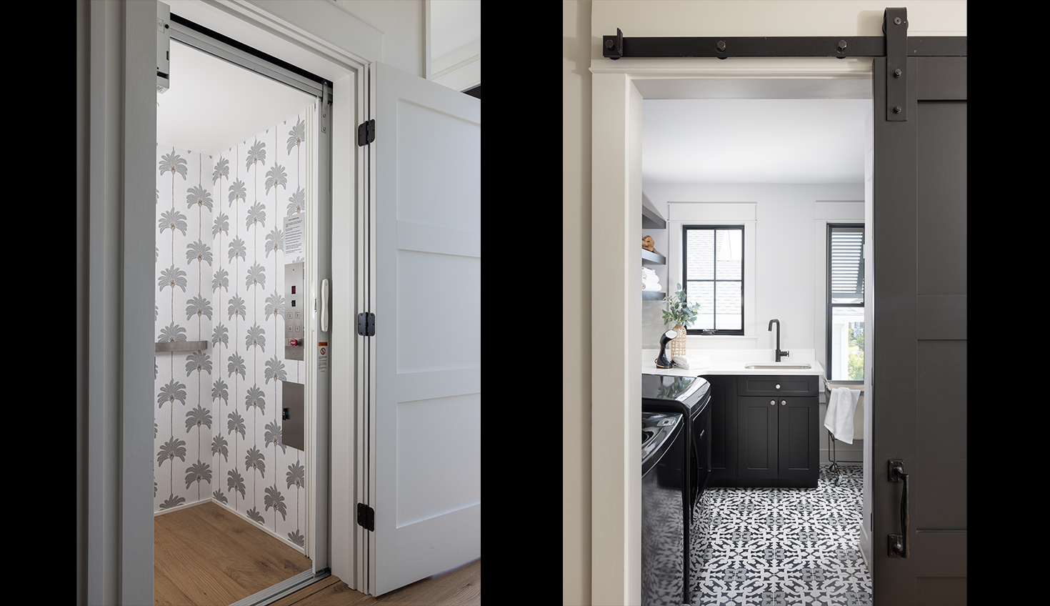 a black and white photo of a door and a kitchen
