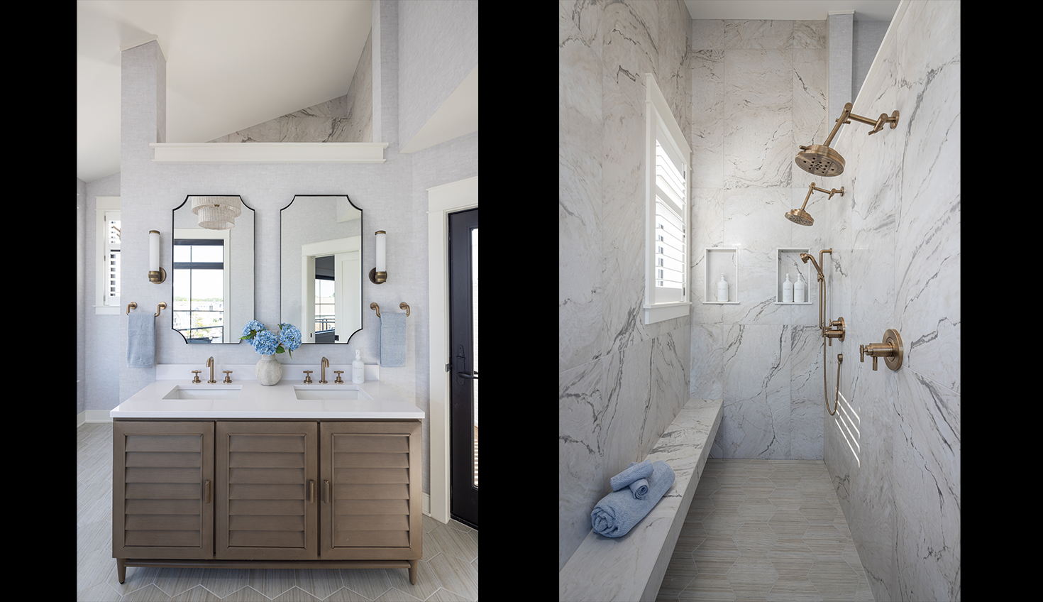 a bathroom with marble walls and floors