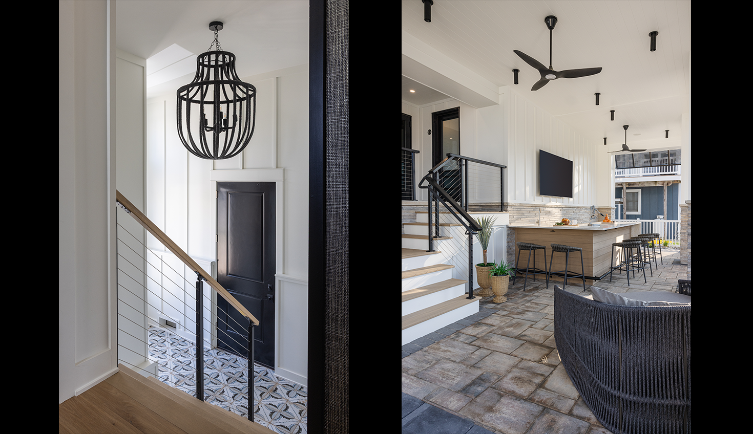 a view of a living room, dining room, and kitchen from the entry way
