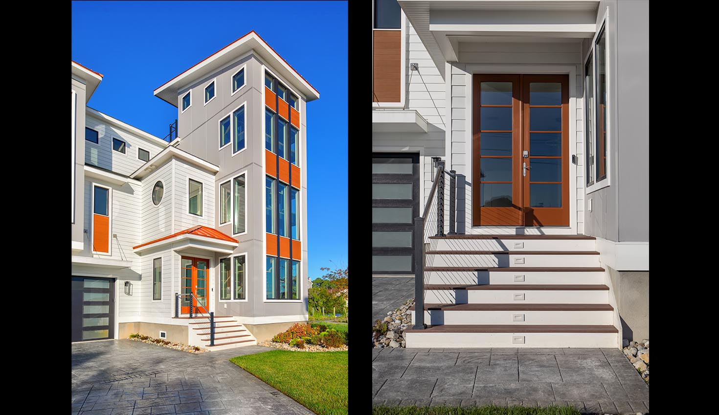 two pictures of a white house with orange trim
