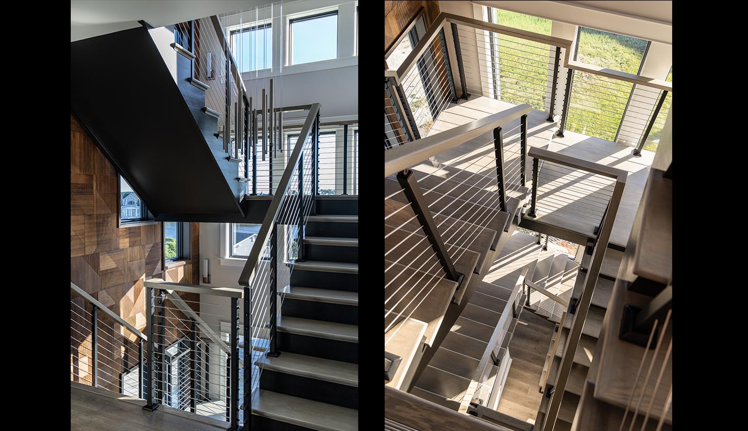 two pictures of a stair case and a staircase case